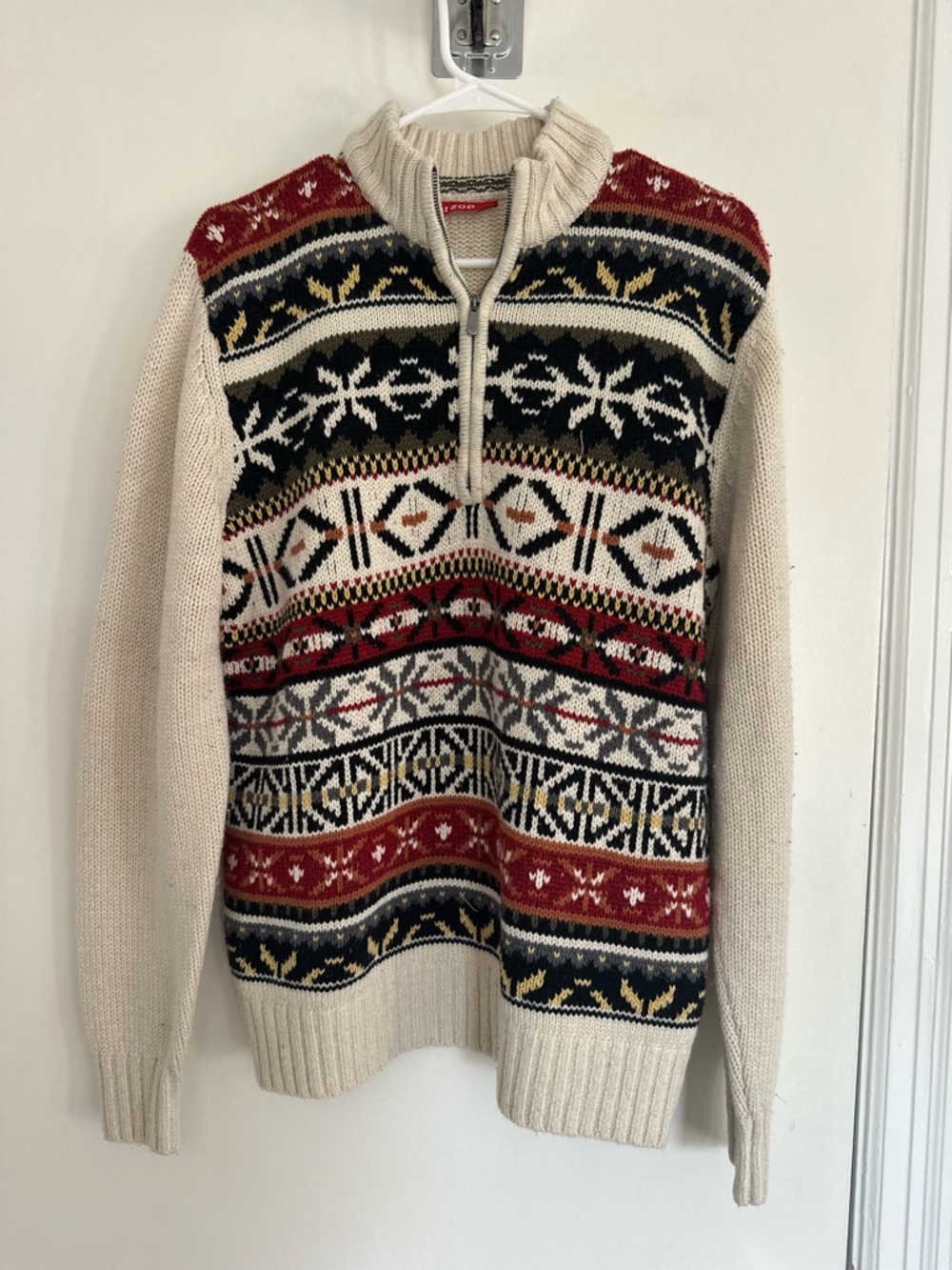 IZOD Mens Fair Isle Snowflake Quarter Zip Sweater Sz: M Preppy Winter Warm.